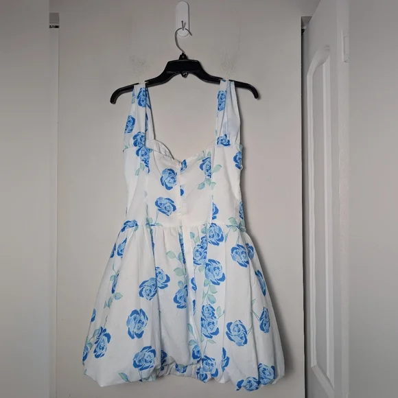 Angel Biba Dress Bubble Hem White Blue Floral Mini Dress Sz M new - Picture 4 of 8